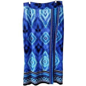 CHICO'S Large/2 Blue/Aqua Geometric Print Elastic Waist Maxi Skirt Front Slit